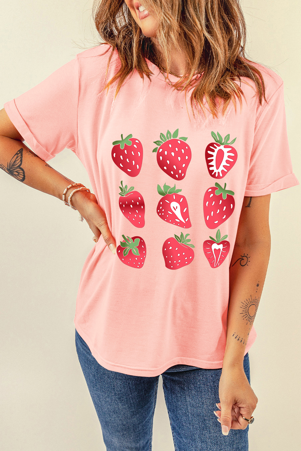 Pink Strawberry Fruit Pattern Graphic Tee