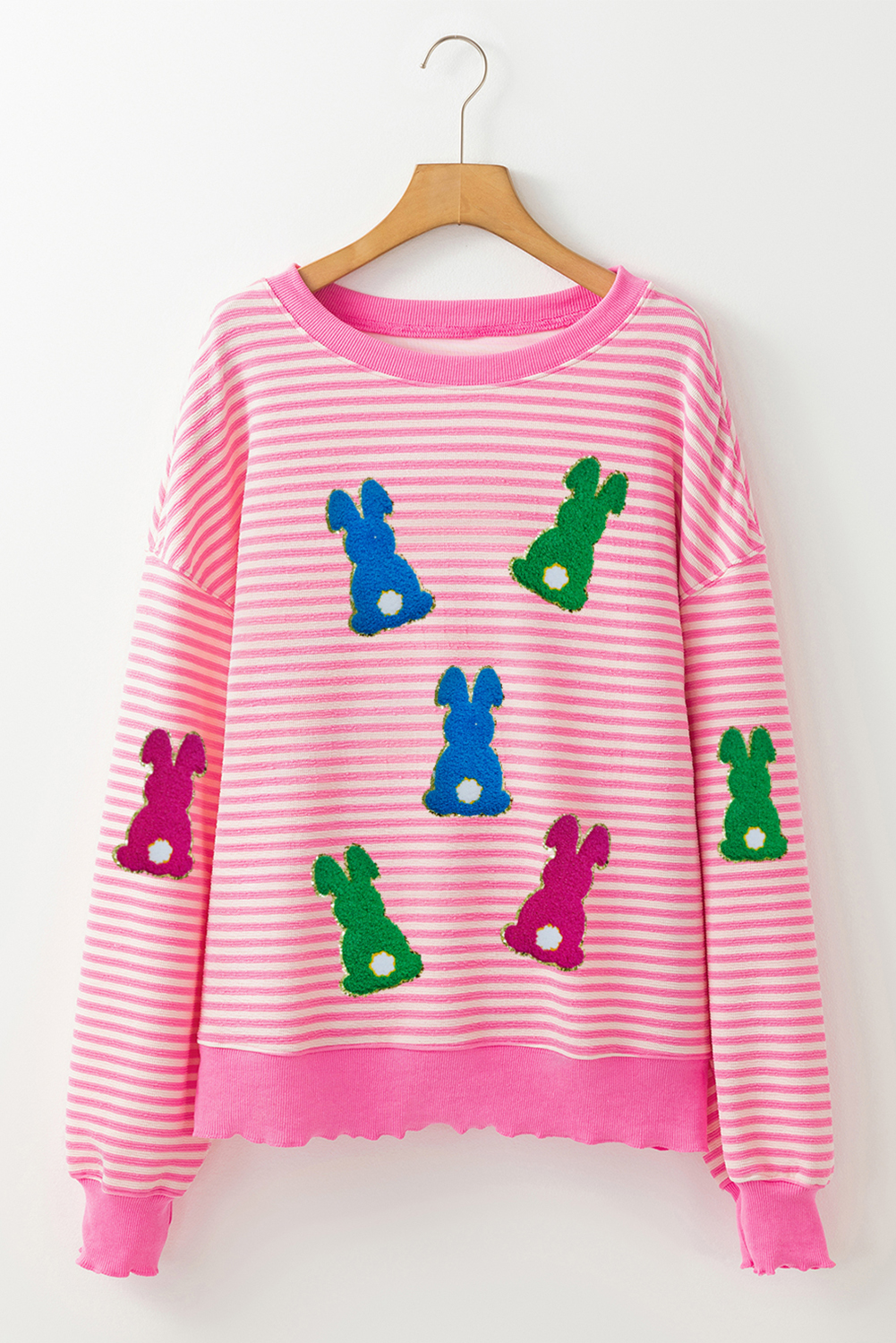 Pink Stripe Chenille Easter Rabbit Patched Pattern Drop Shoulder Top
