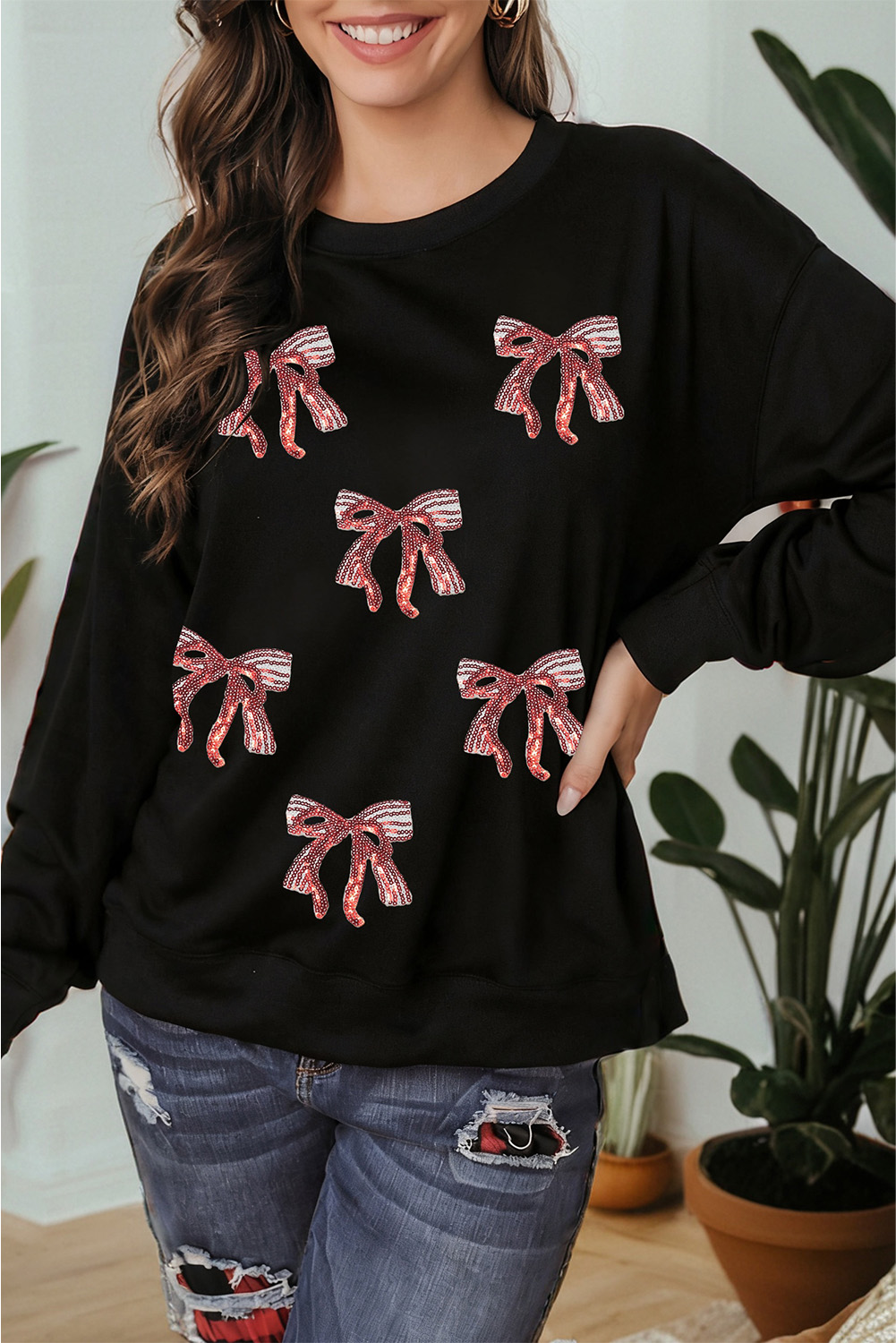 Black Christmas Fashion Sequin Ribbon Bow Patched Drop Shoulder Sweatshirt