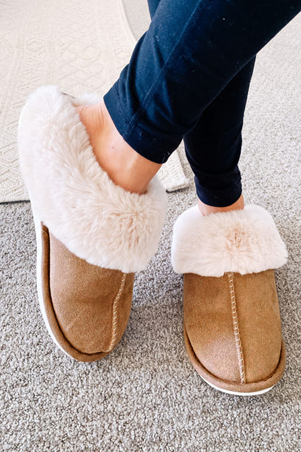 Khaki Cut and Sew Faux Suede Plush Lined Slippers