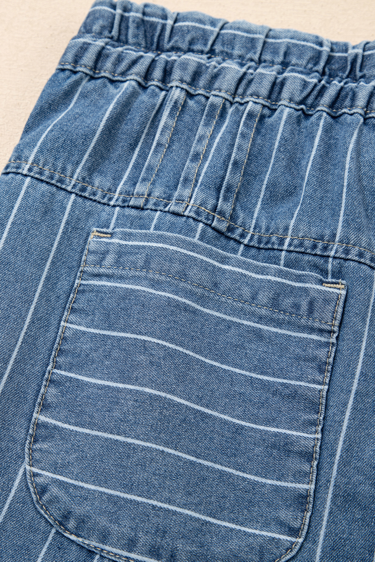 Sky Blue Stripe Button Pleated Drawstring Waist Casual Wide Leg Jeans