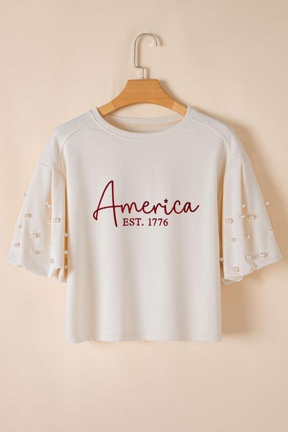 White America EST 1776 Embroidered Pearl Beaded Sleeve T Shirt