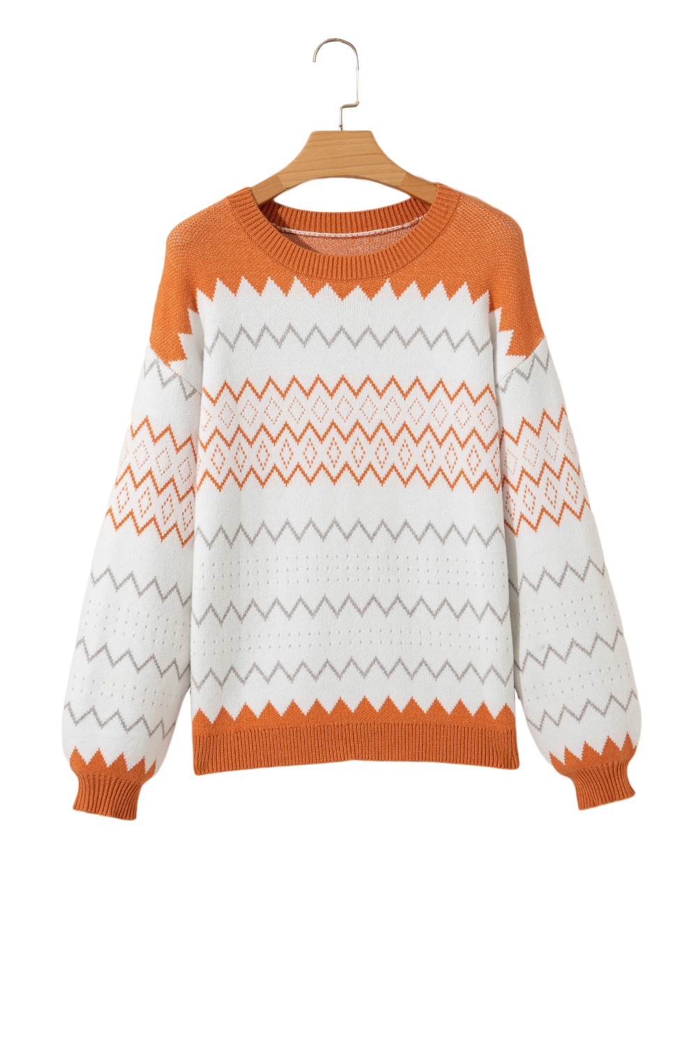 Khaki Zigzag Geometric Pattern Knitted Pullover Sweater