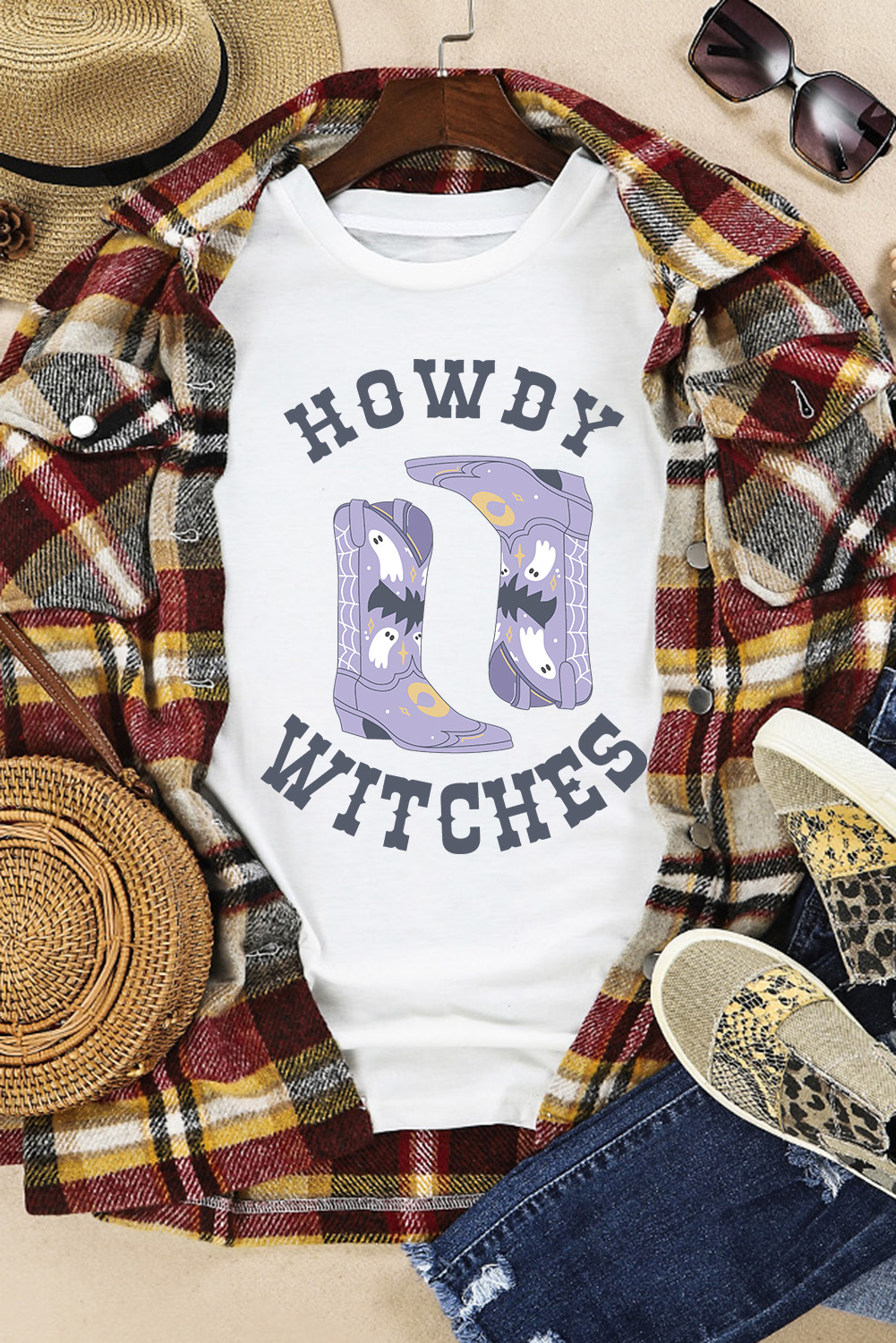 White HOWDY WITCHES Halloween Boots Crewneck T Shirt