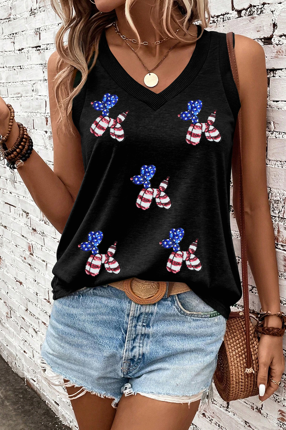 Black Flag Pattern Sequined Balloon Dog Graphic Loose Tank Top