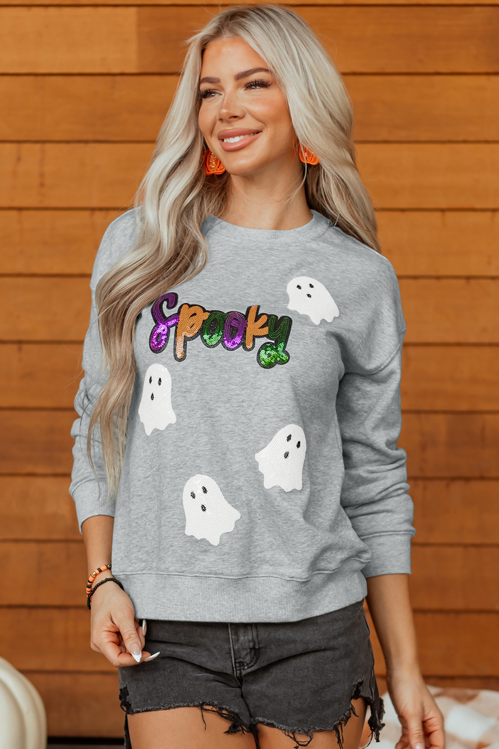 Gray Spooky Halloween Ghost Sequin Patched Sweatshirt