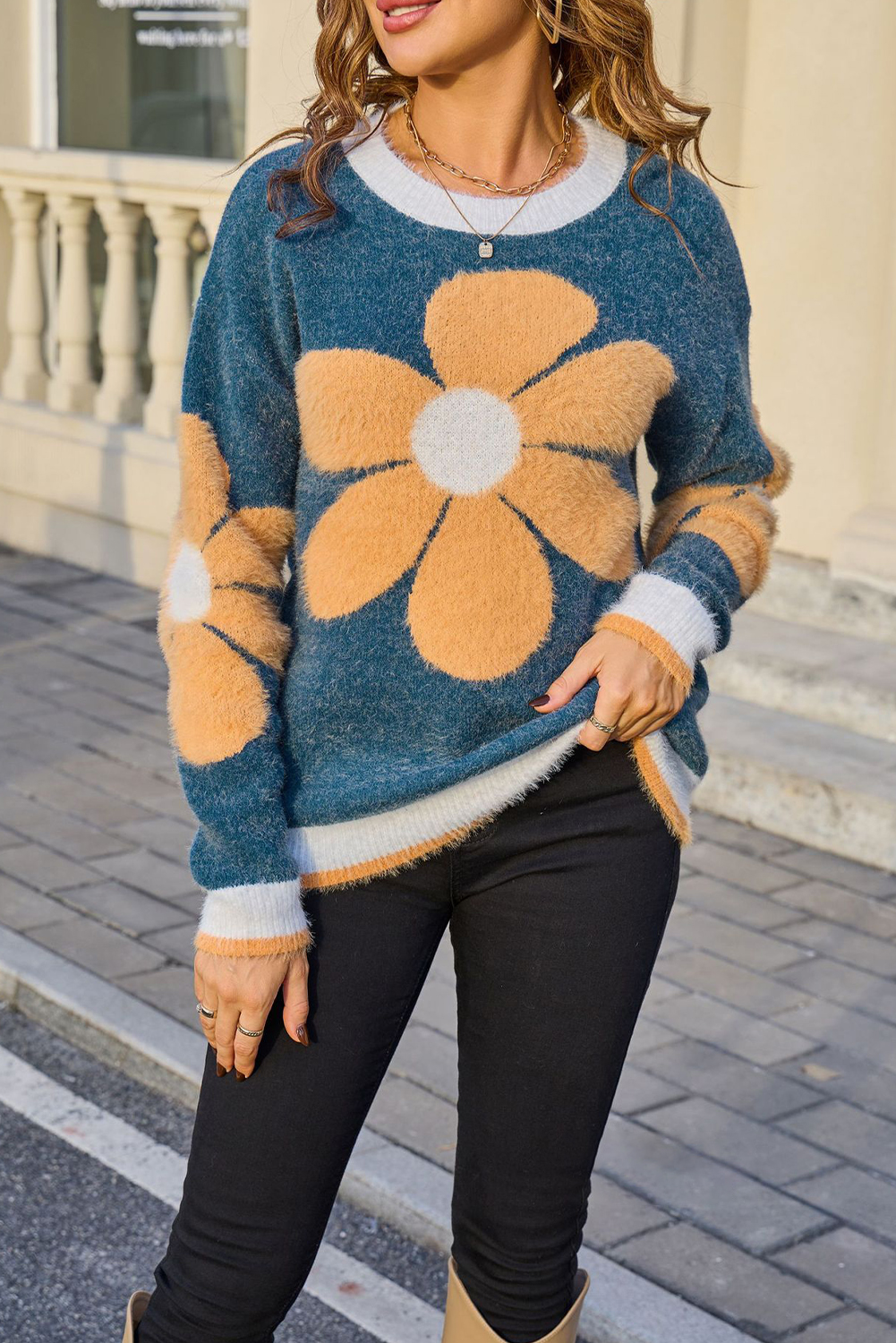 Sail Blue Plush Flower Pattern Ribbed Detail Cozy Sweater