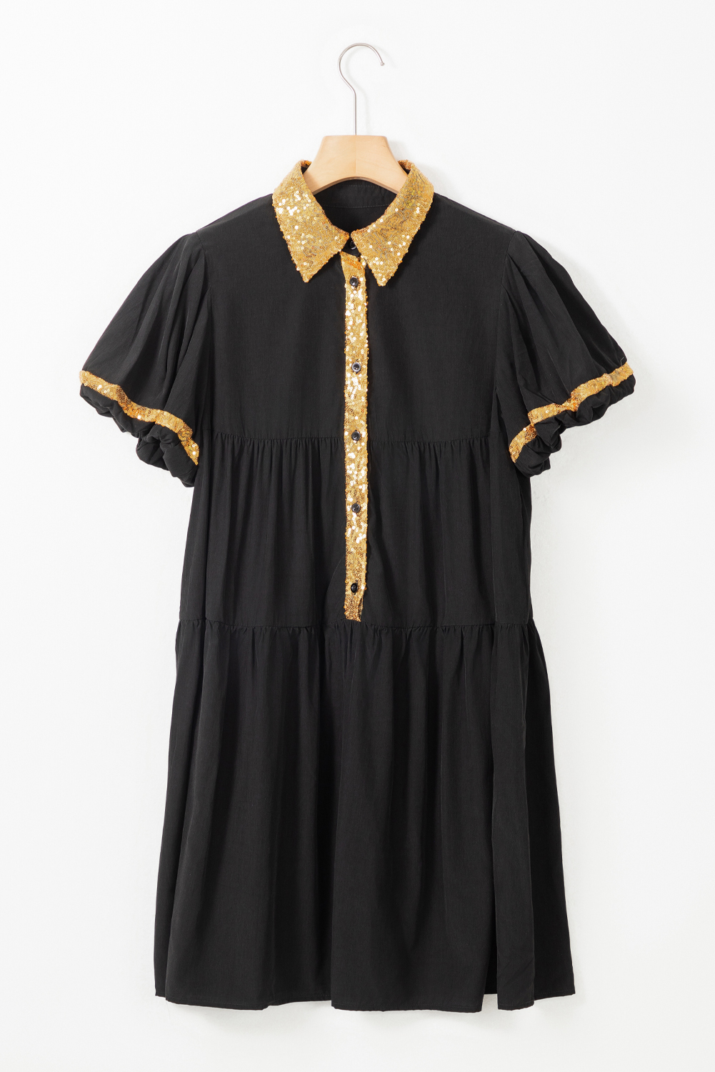 Black Sequin Trim Bubble Sleeve Game Day Shirt Dress