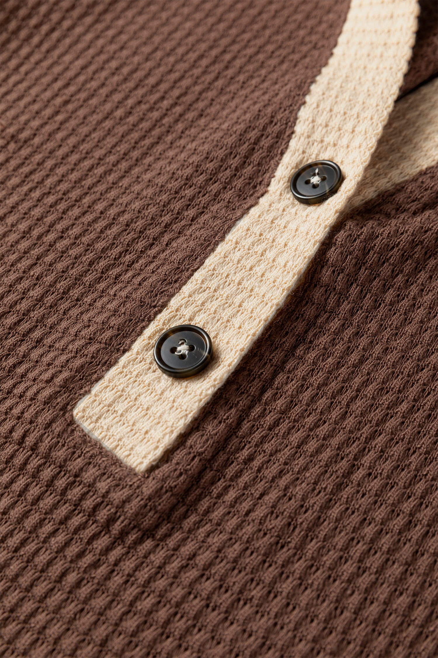 Coffee Waffle Contrast Half Buttoned Hooded Pullover Top