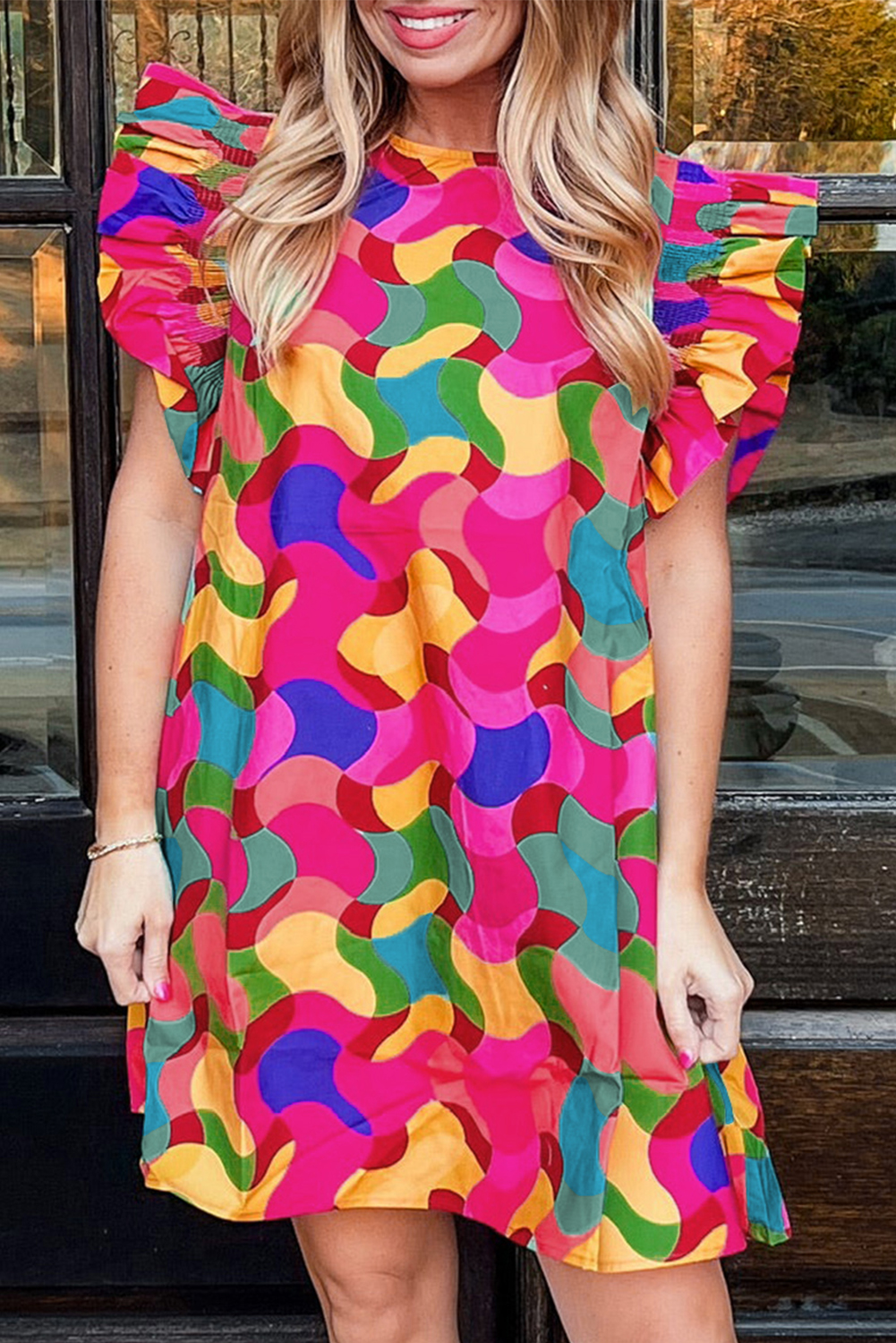 Rose Red Dramatic Ruffle Sleeve Smock Neck Wavy Print Top