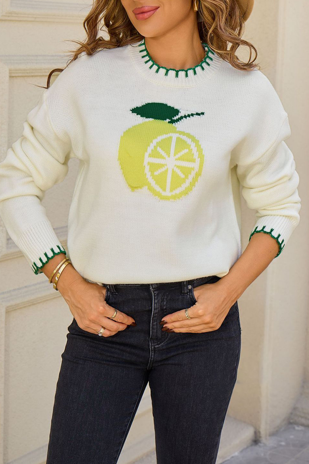 White Lemon Pattern Contrast Stitched Trim Drop Shoulder Sweater
