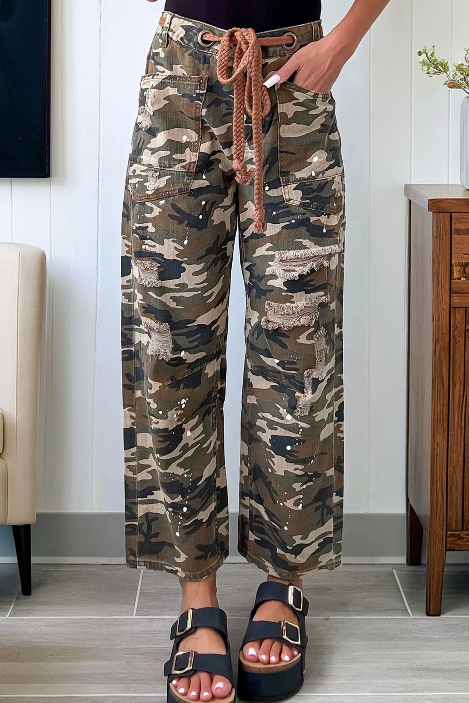 Green Camouflage Print Splashed Distressed Loose Denim Pants