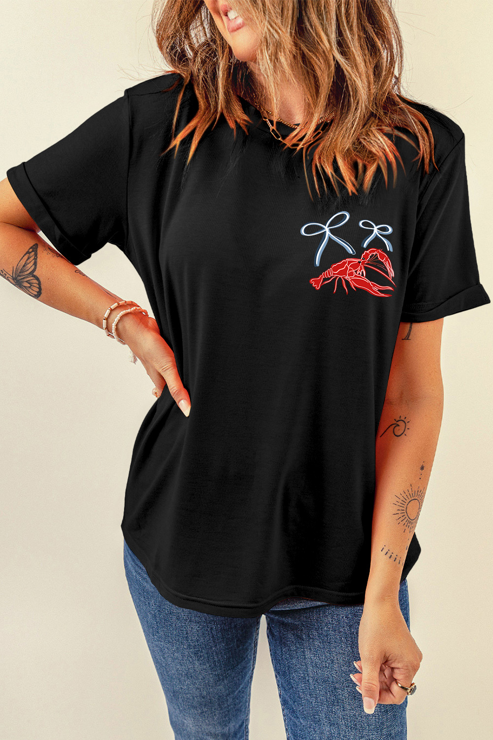 Black Girlie Bow Crawfish Printed T Shirt