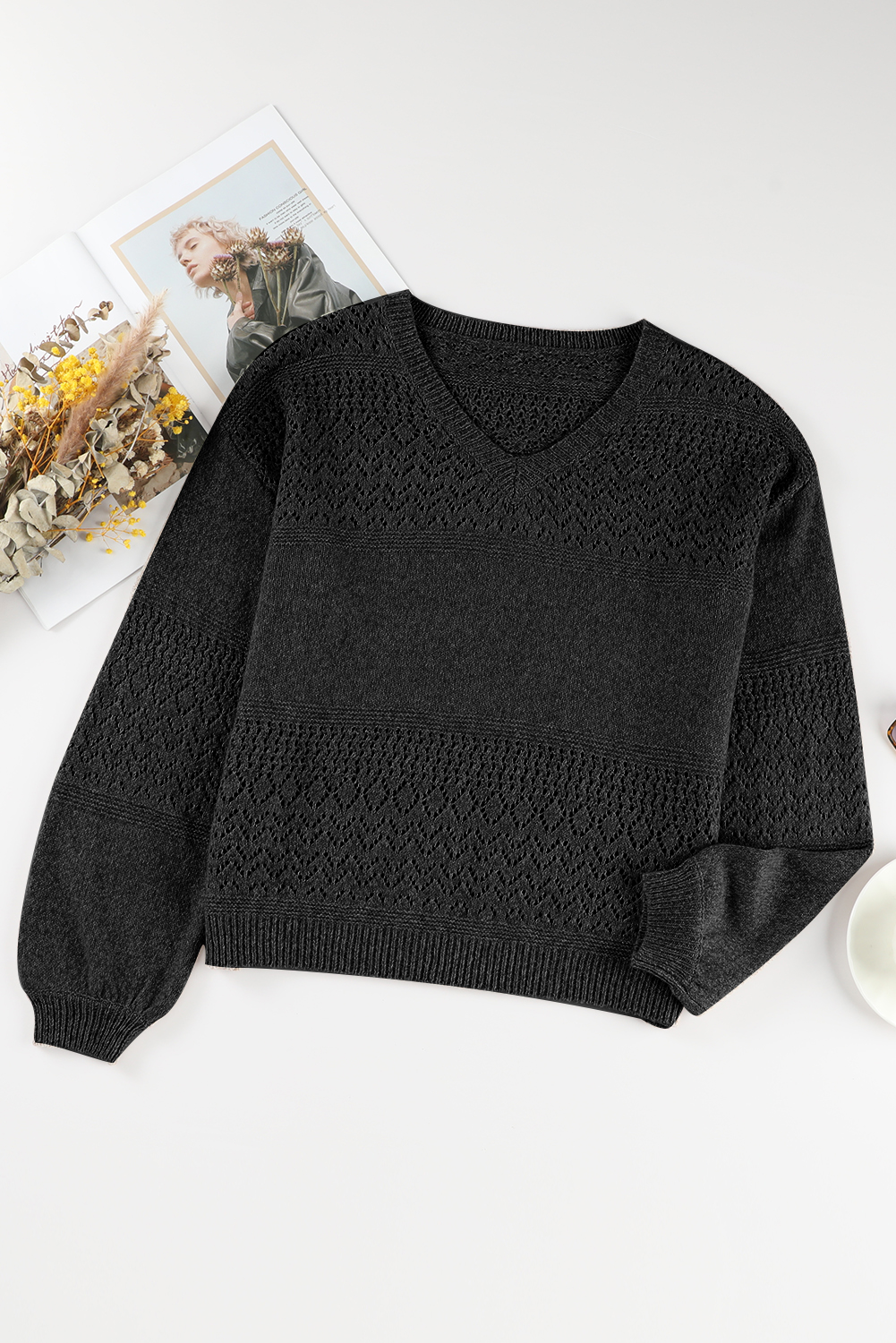Sky Blue Eyelet Pattern Detail V Neck Drop Shoulder Sweater