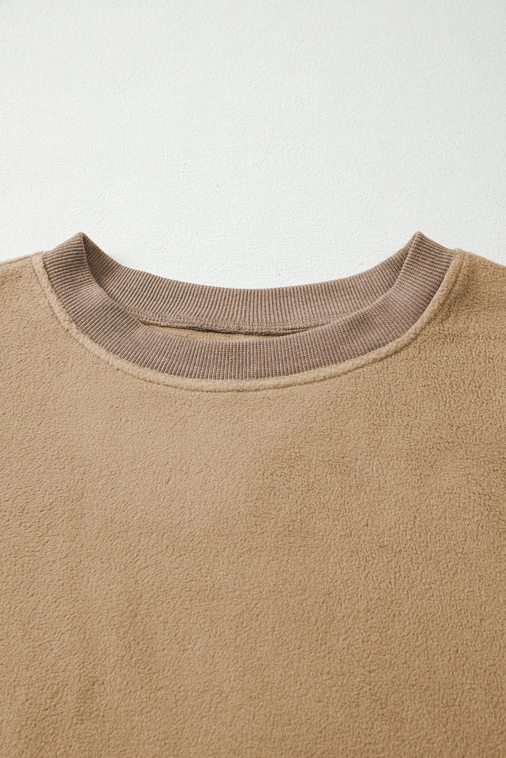 Dark Khaki Fuzzy Sherpa Splicing Pullover Sweatshirt with Side Slit