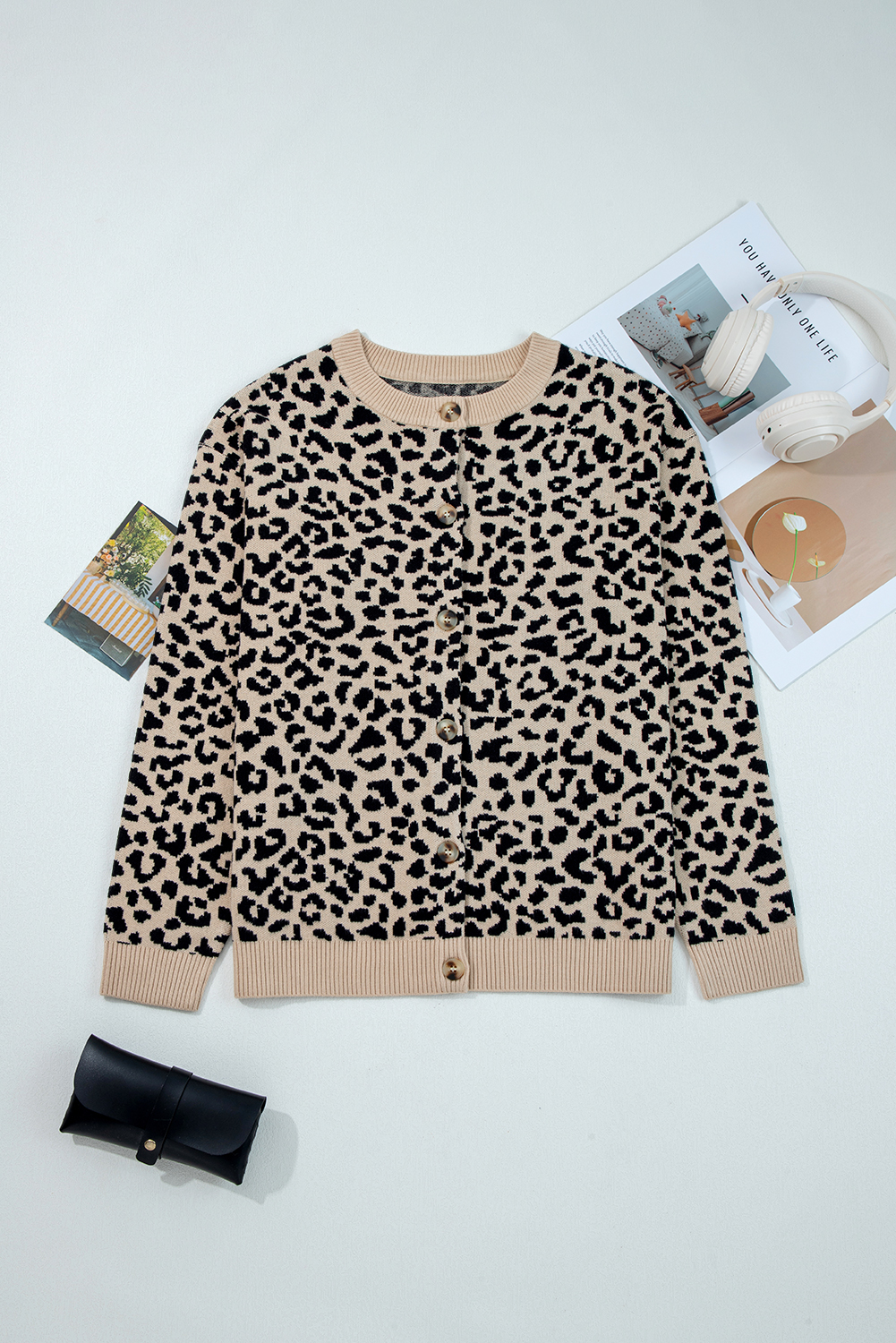 Black Leopard Drop Shoulder Chunky Knitted Cardigan Sweater
