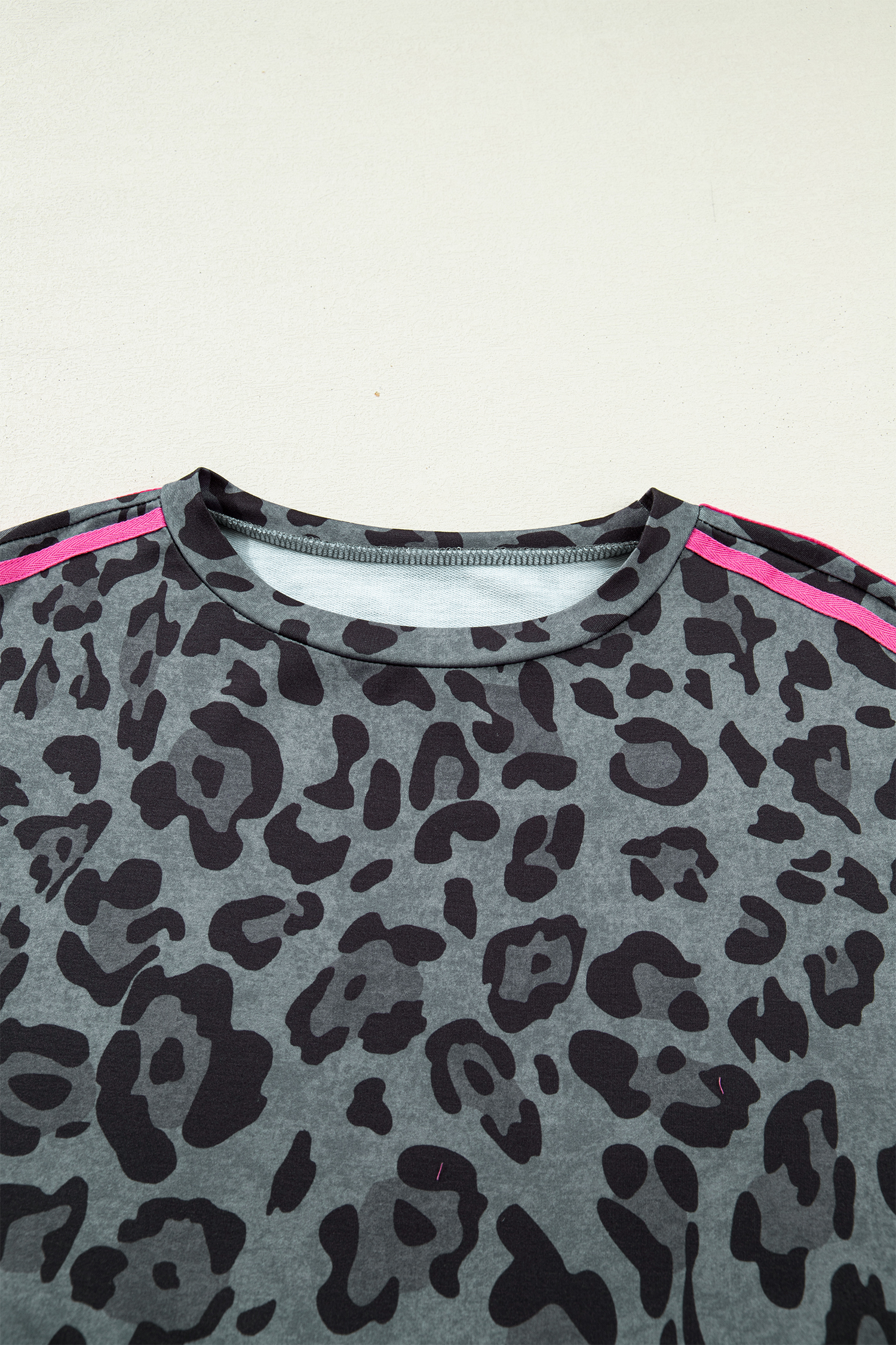 Gray Leopard Print Varsity Striped Trim Long Sleeve Top