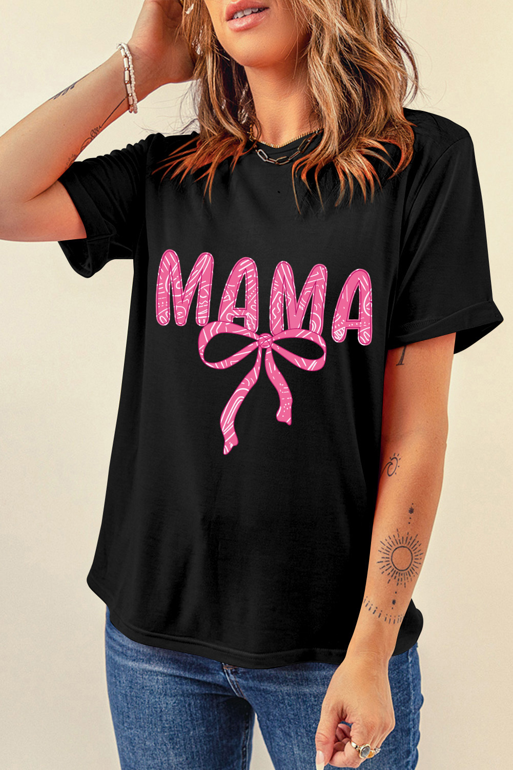 Black MAMA Ribbon Bowknot Graphic Crewneck T Shirt