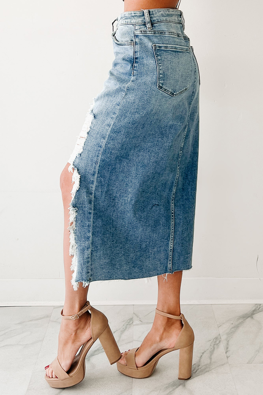 Sail Blue Dearlove Irregular Distressed Bottom Denim Midi Skirt