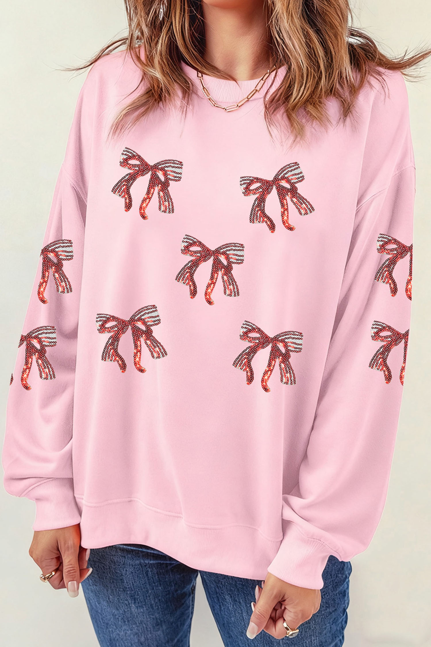 Pink Sequined Bow Pattern Drop Shoulder Loose Sweatshirt