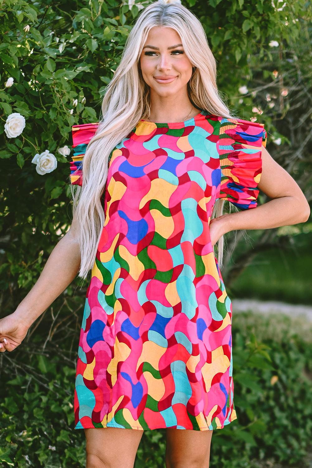 Rose Red Dramatic Ruffle Sleeve Smock Neck Wavy Print Top