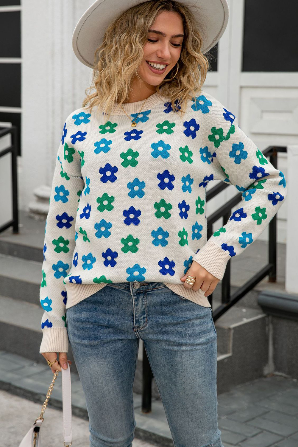 Apricot Cute Flower Allover Ribbed Trimmed Drop Shoulder Pullover Sweater