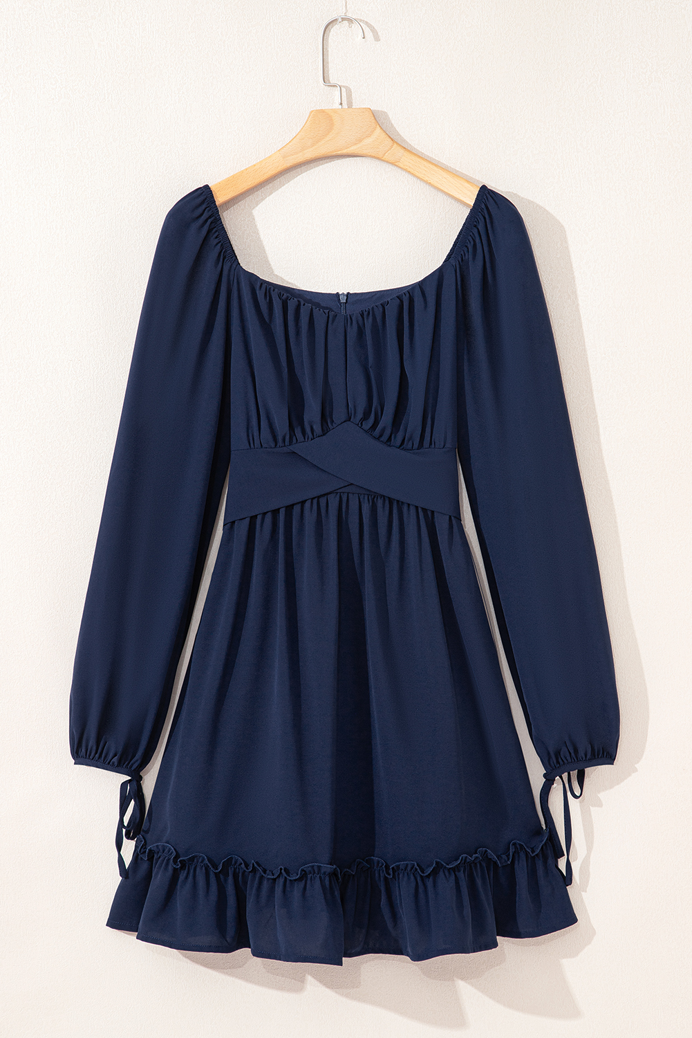 Blue White Plain Ruffled High Waist Square Neck Mini Dress