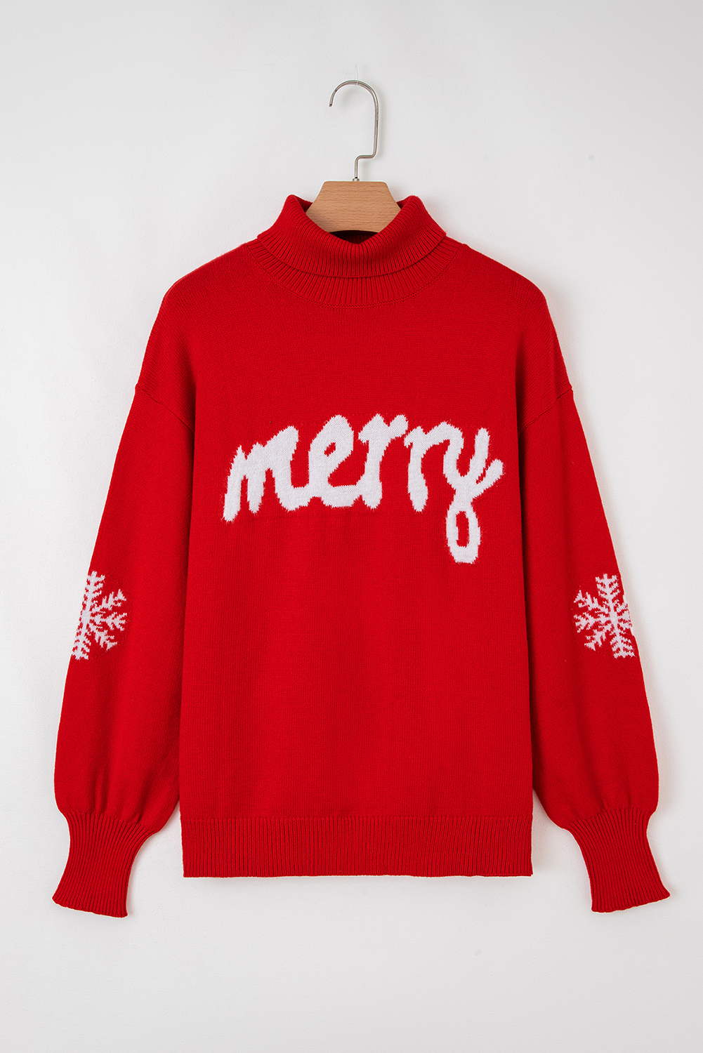 Fiery Red Merry Snowflake Pattern Christmas Turtleneck Sweater