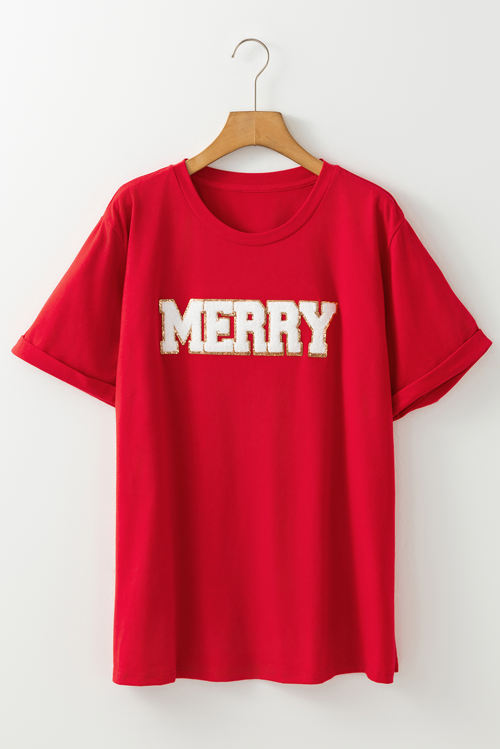 Red Christmas MERRY Graphic Cuffed Sleeve T Shirt