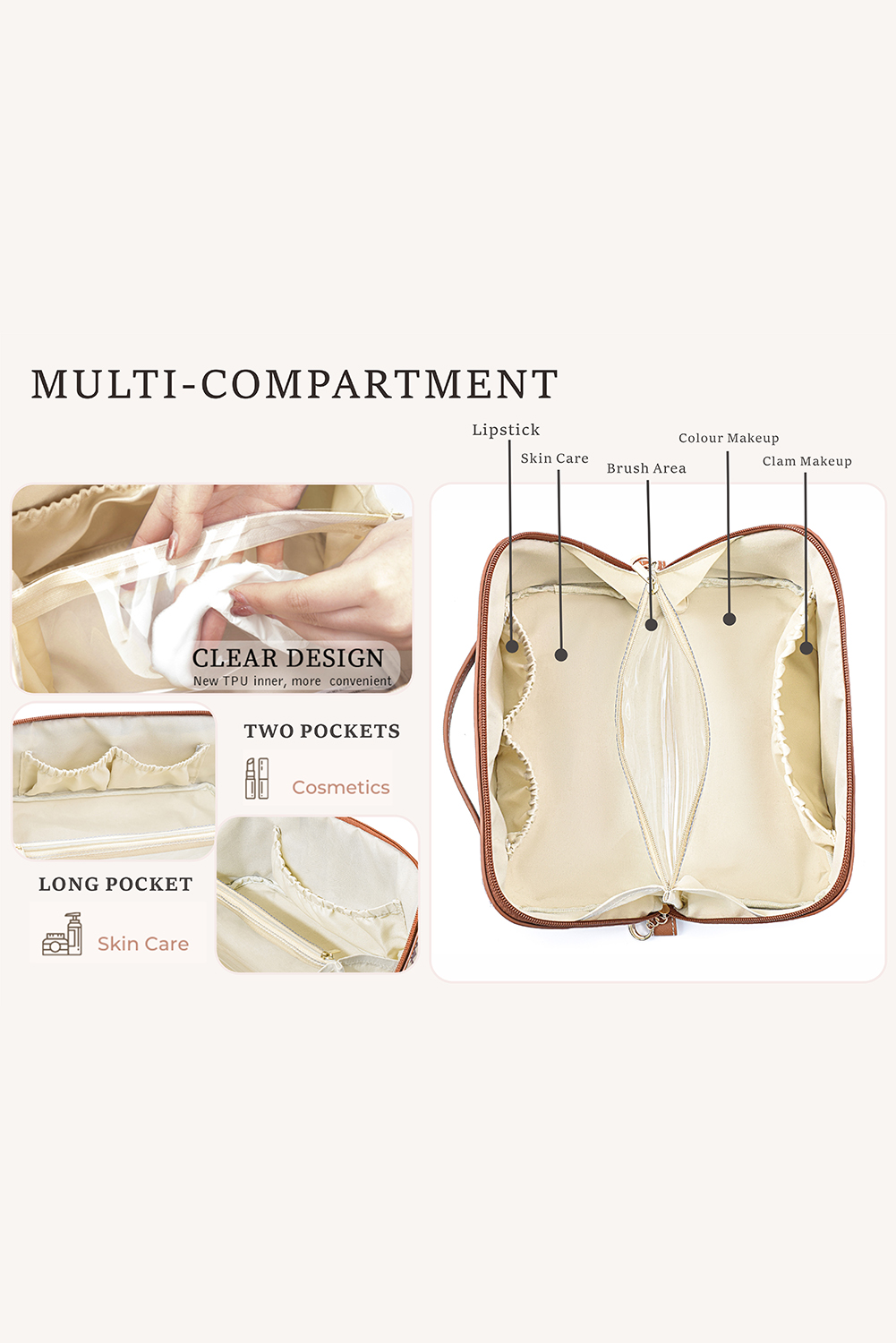 Light French Beige Geometric Braided Print Makeup Bag with Handle