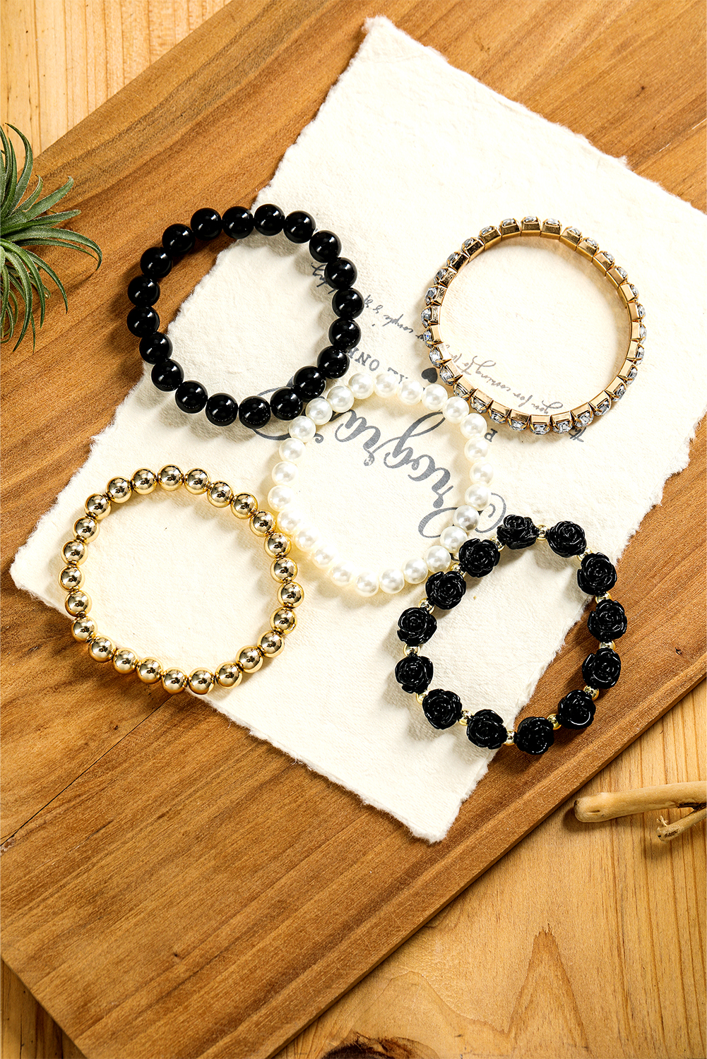 Black Flower Rhinestone Beaded Multi Layer Bracelet Set