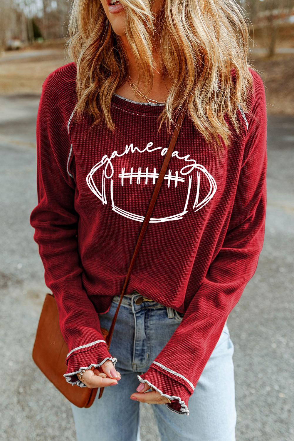 Smoke Gray Textured Round Neck Long Sleeve Top