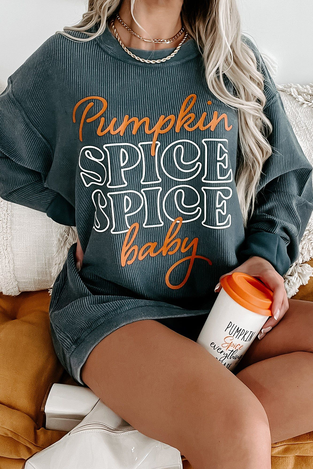 Dark Grey Pumpkin Spice Baby Graphic Textured Sweatshirt