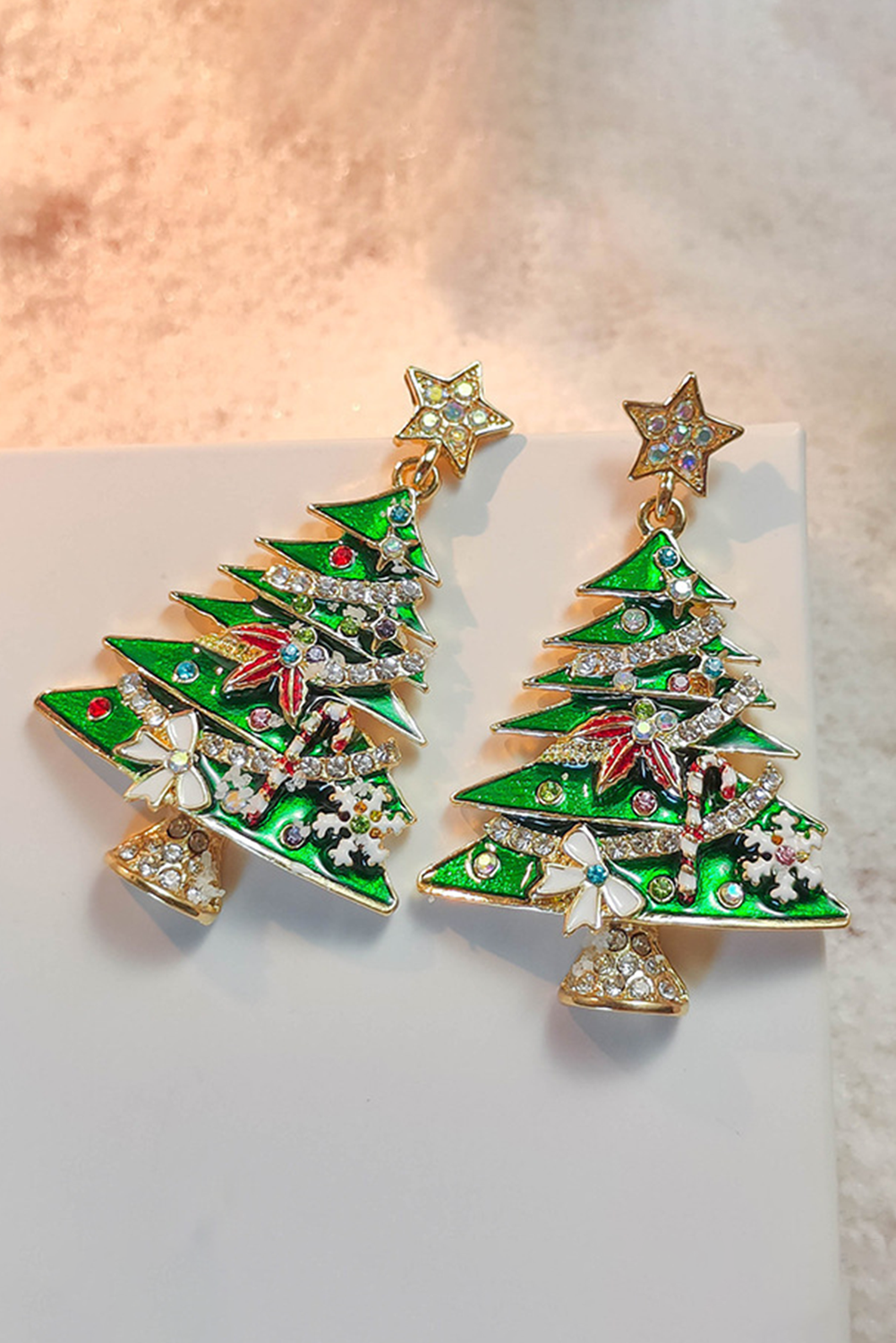 Bright Green Rhinestone Embellished Star Christmas Tree Earrings