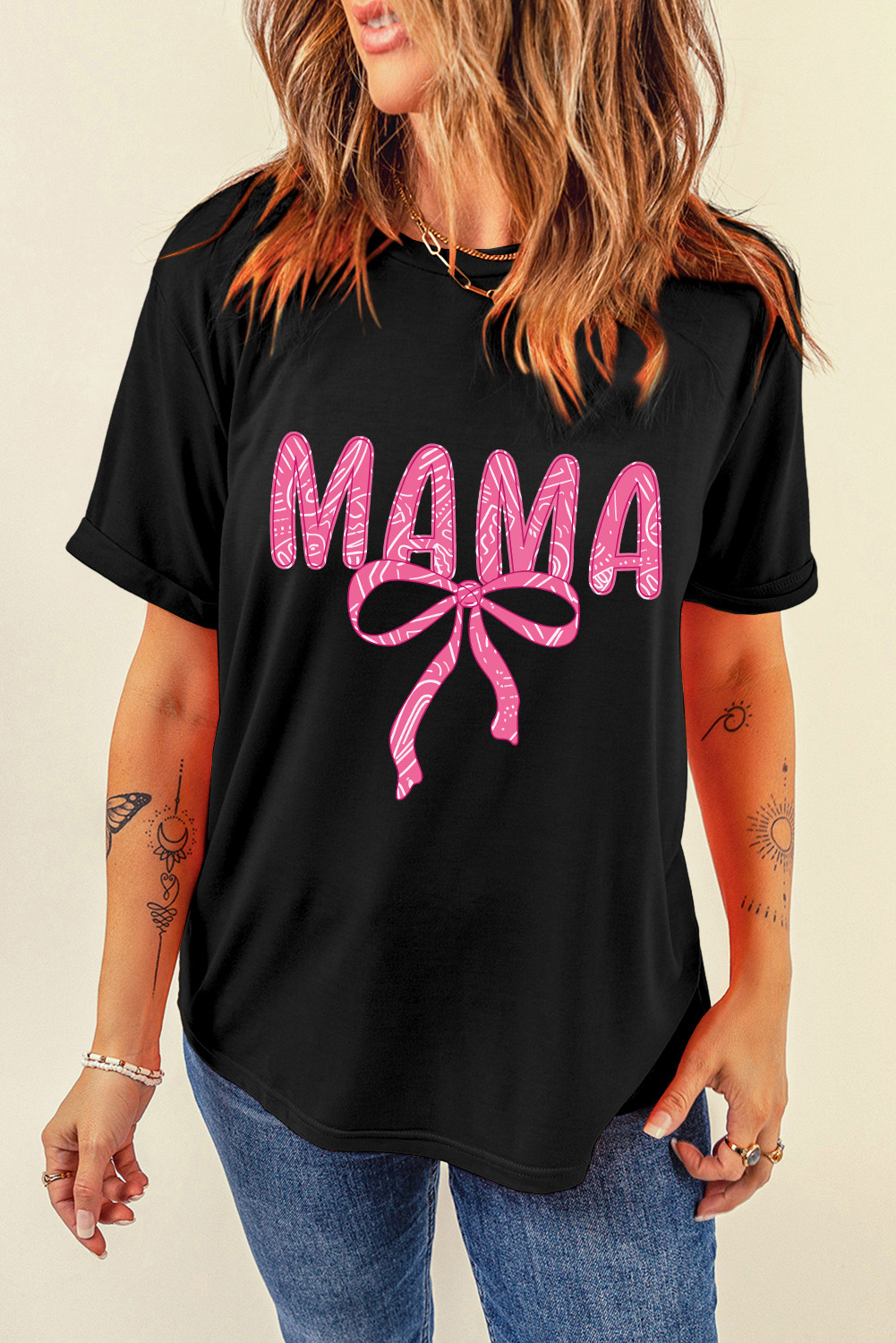 Black MAMA Ribbon Bowknot Graphic Crewneck T Shirt