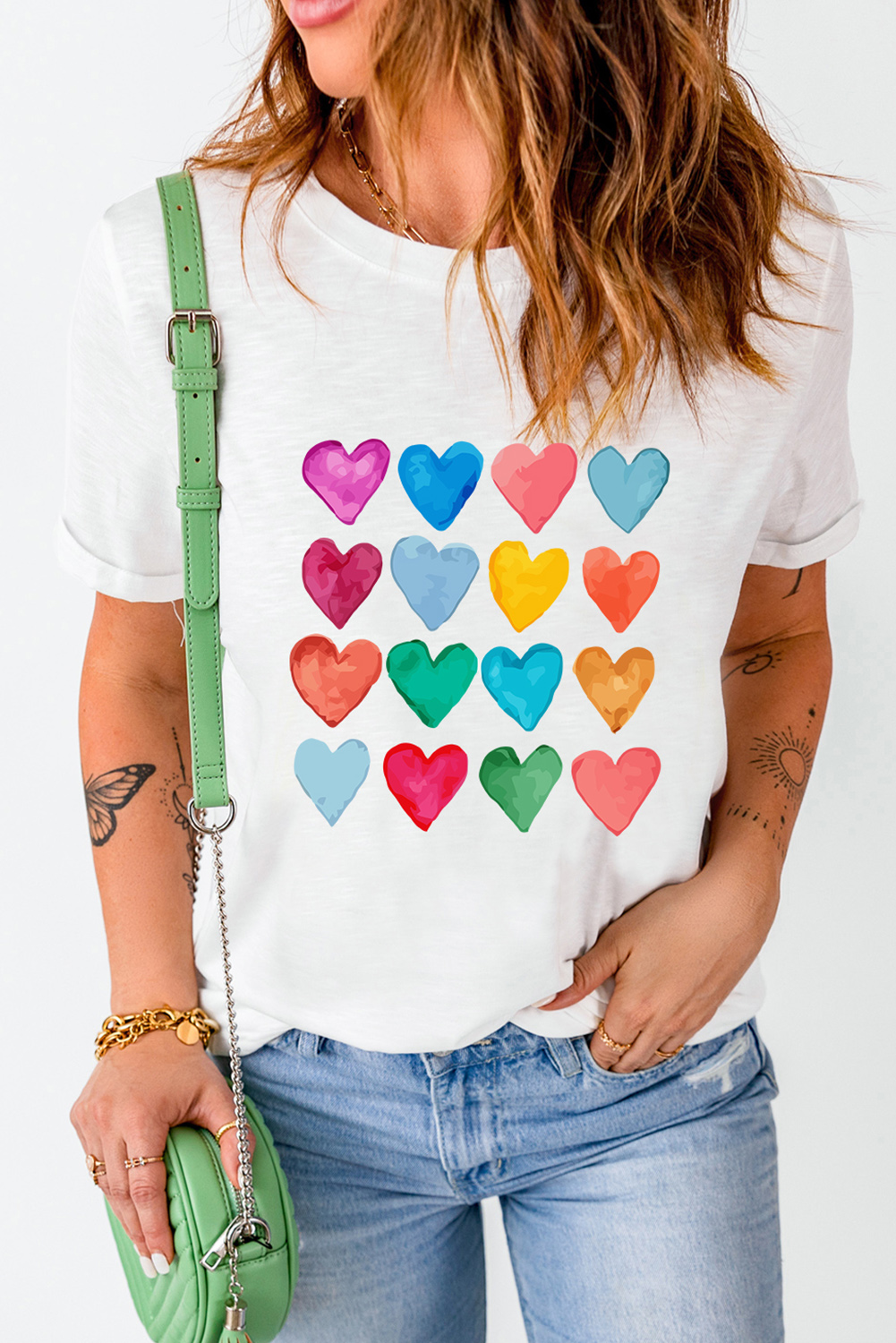 Red Leopard Striped Heart Shaped Print Crew Neck T Shirt