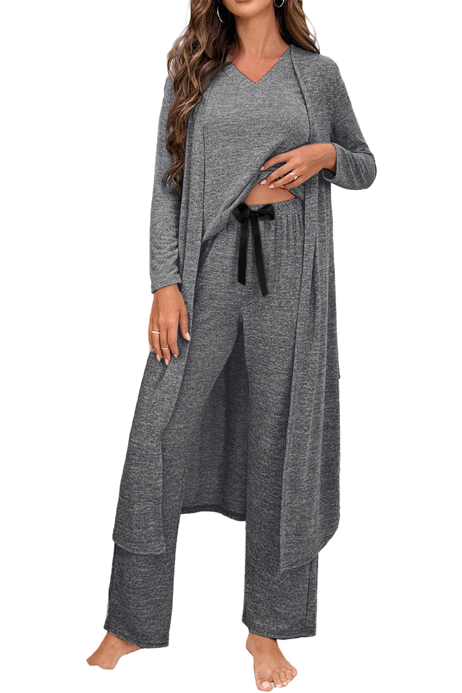 Delicacy 3pcs V Neck T Shirt Ribbon Knot Pants Open Duster 3pcs Lounge Set