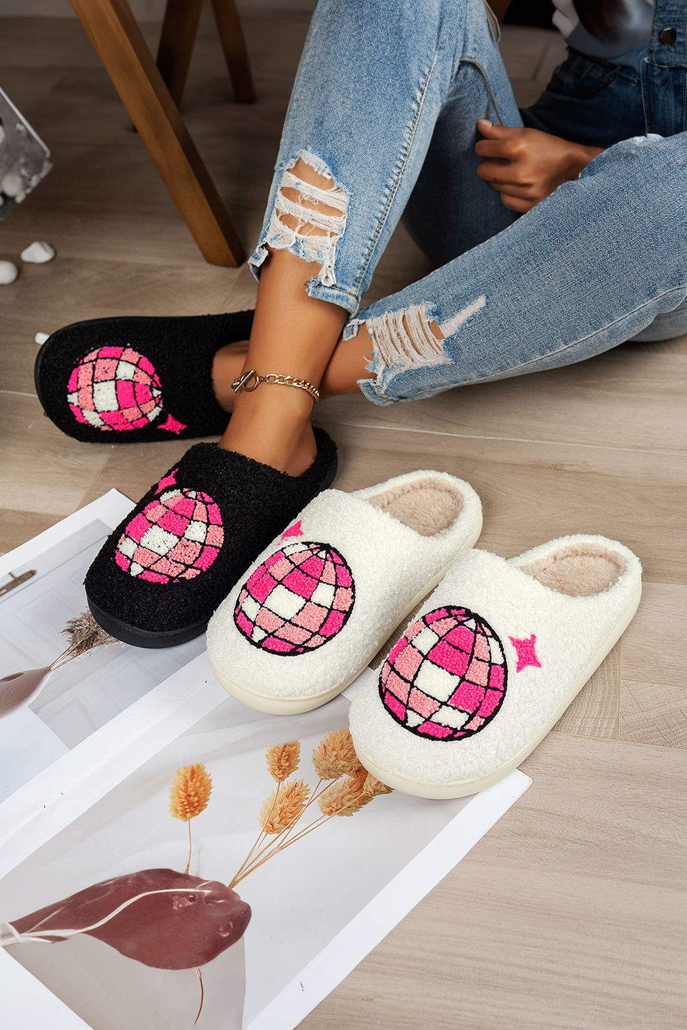 Black Disco Ball Print Fuzzy Winter House Slippers