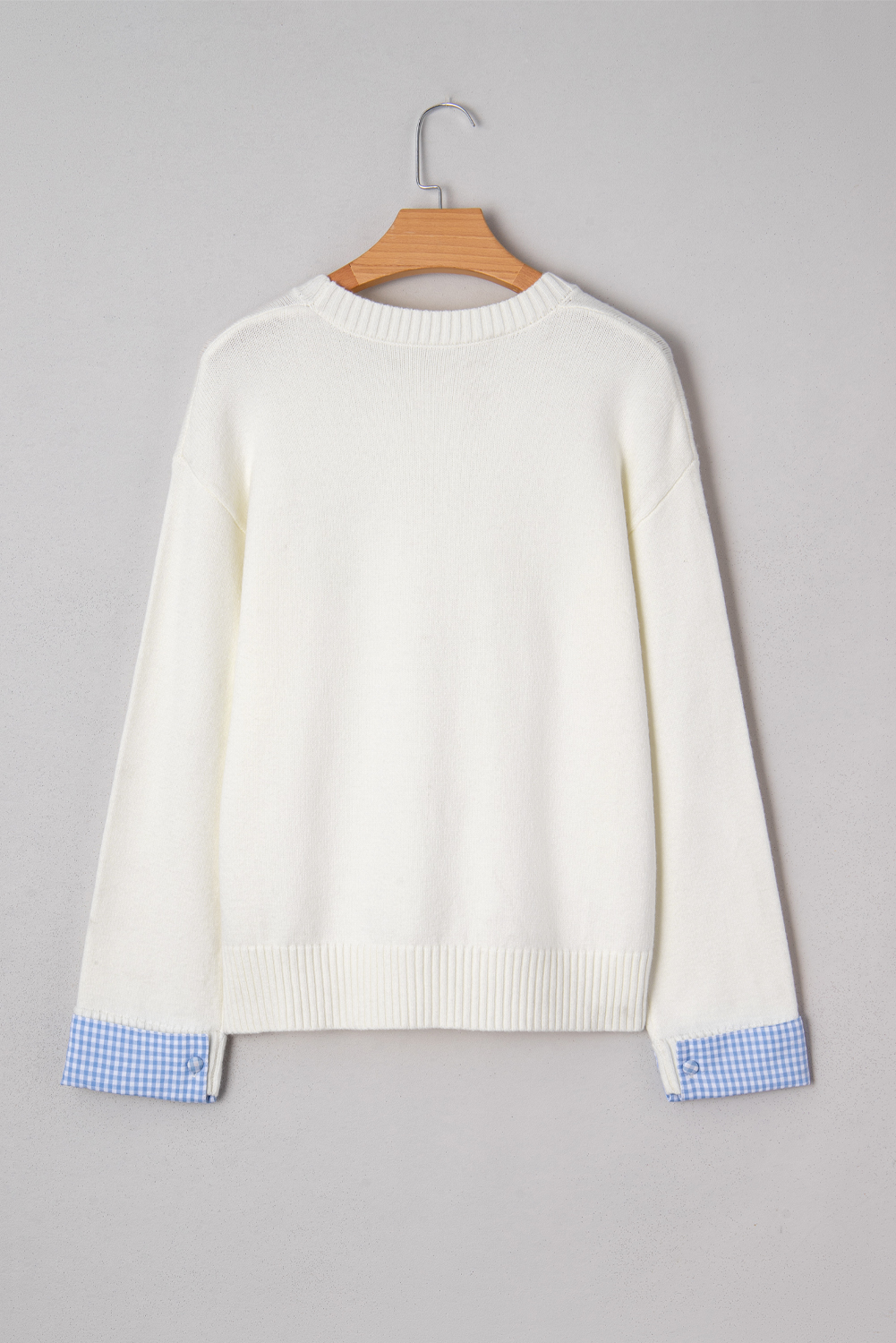 Light Pink Plaid Heart Embroidered Cuffed Drop Shoulder Crew Neck Sweater