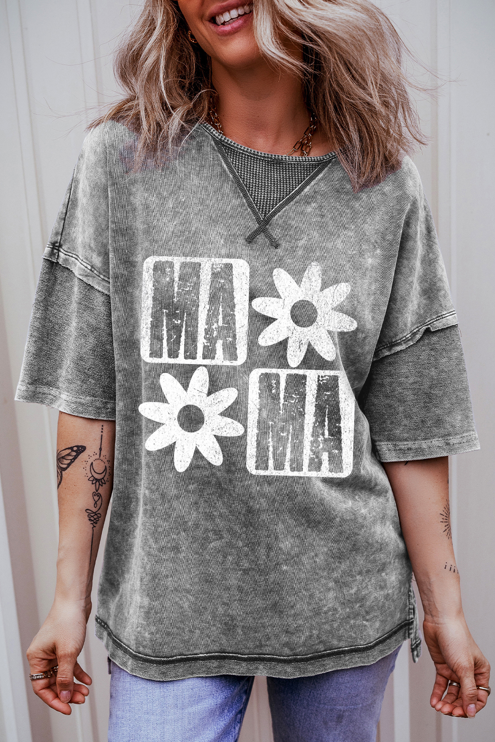 Philippine Gray MAMA Daisy Flower Graphic Mineral Wash Drop Shoulder Vintage Tee