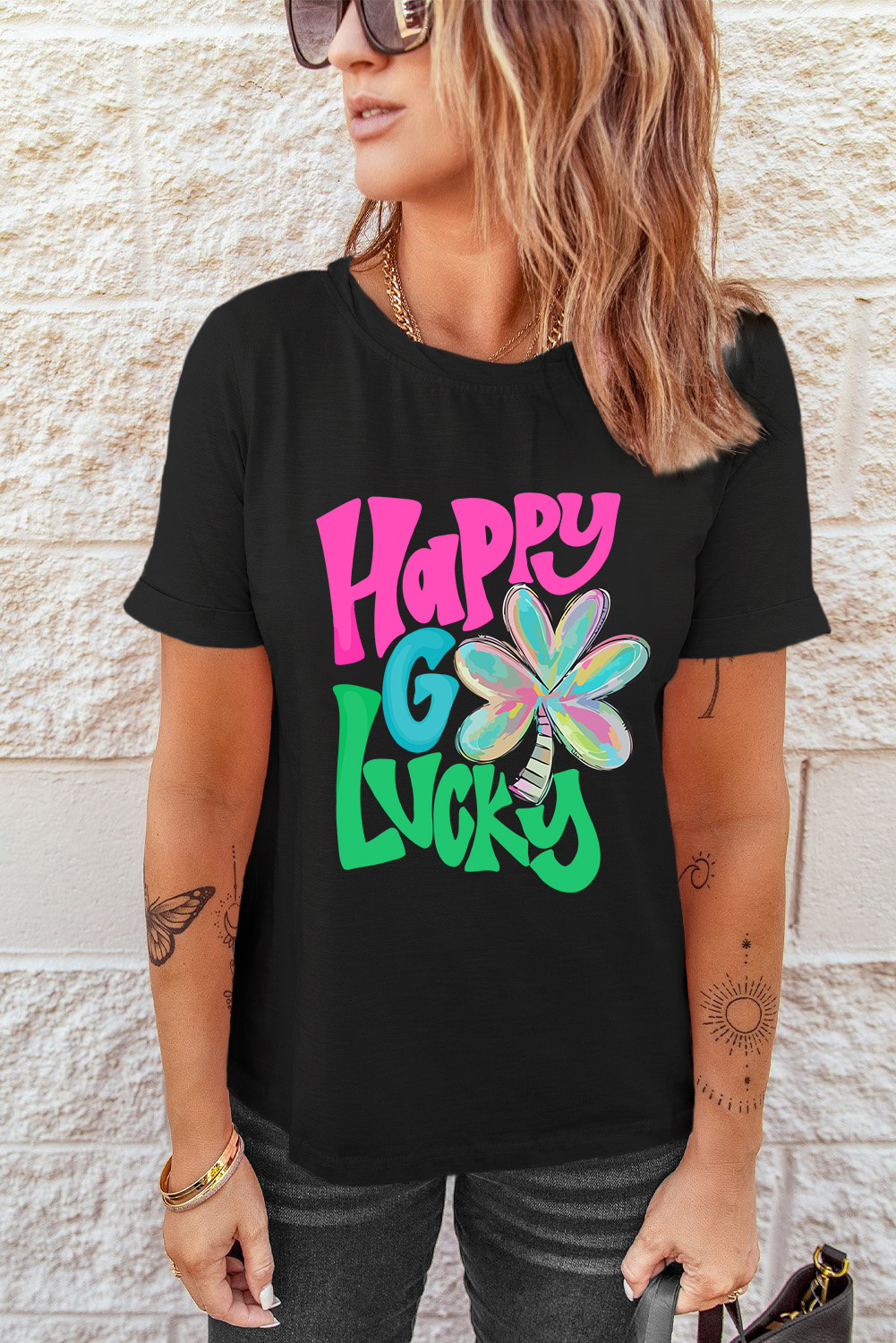 Black St. Patricks Lucky Clover Print O Neck T Shirt