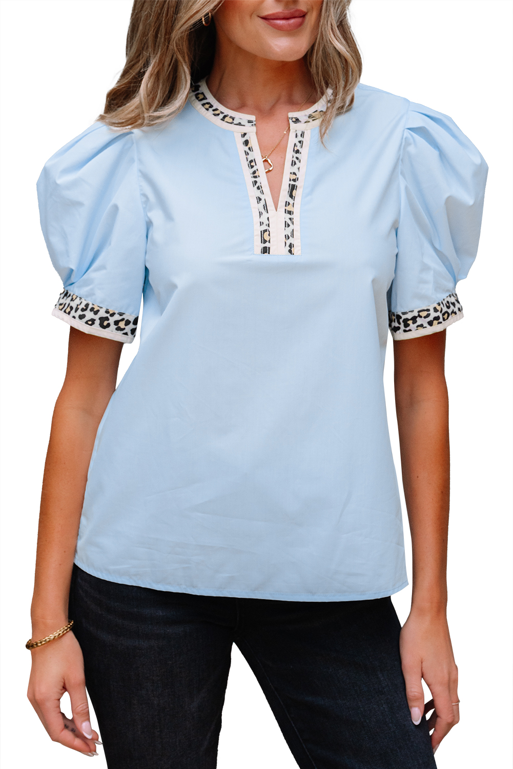 Buckskin Contrast Leopard Trim Split Neck Puff Sleeve Blouse
