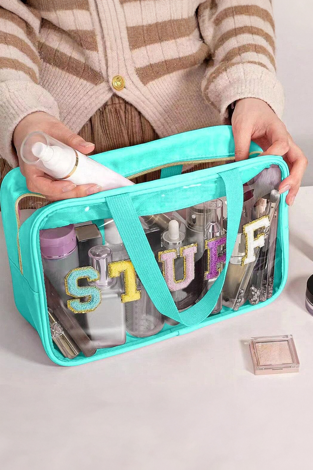 Light Pink TRAVEL Chenille Letter Clear PVC Makeup Bag