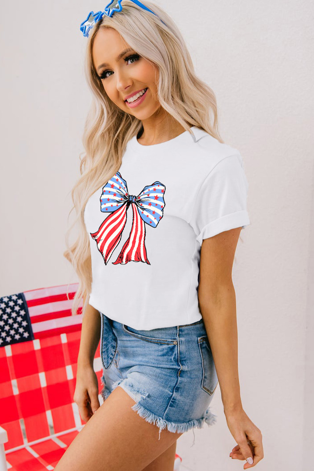 Khaki American Flag Bow Knot Print Round Neck T Shirt