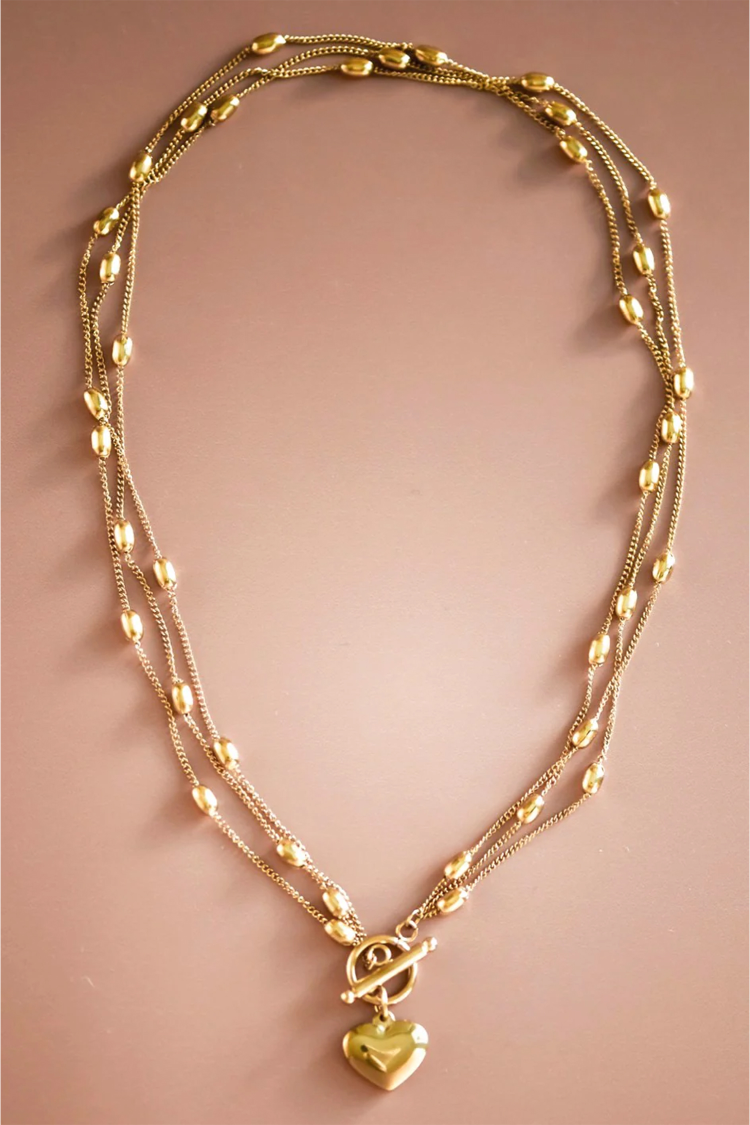 Gold Heart Toggle Charm Beaded Chain Triple Layered Necklace