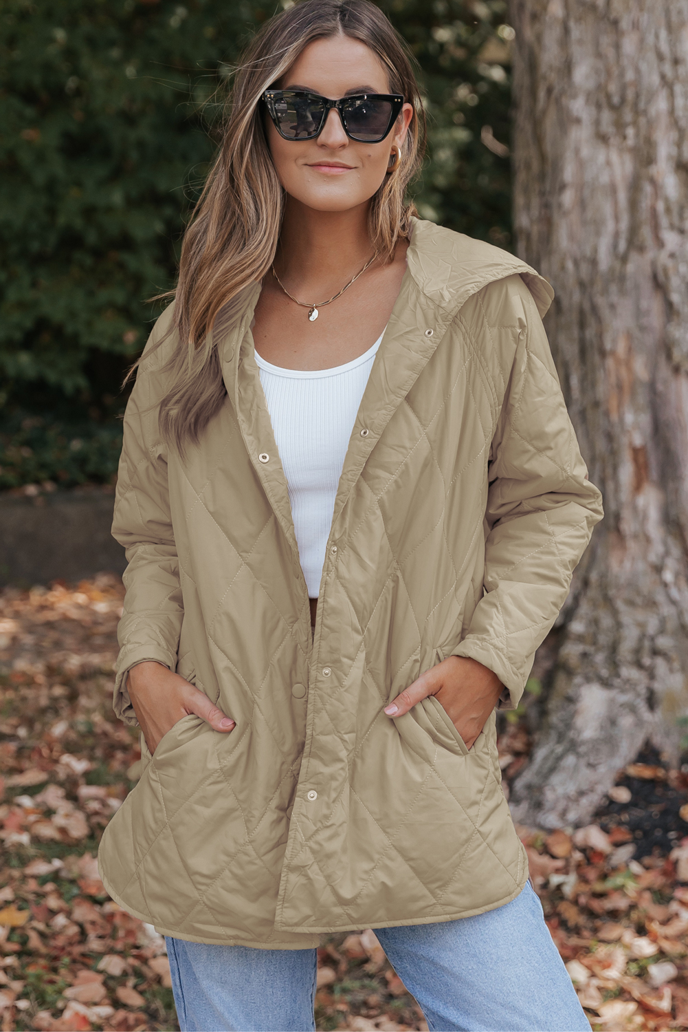 Green Quilted Snap Button Hooded Puffer Coat
