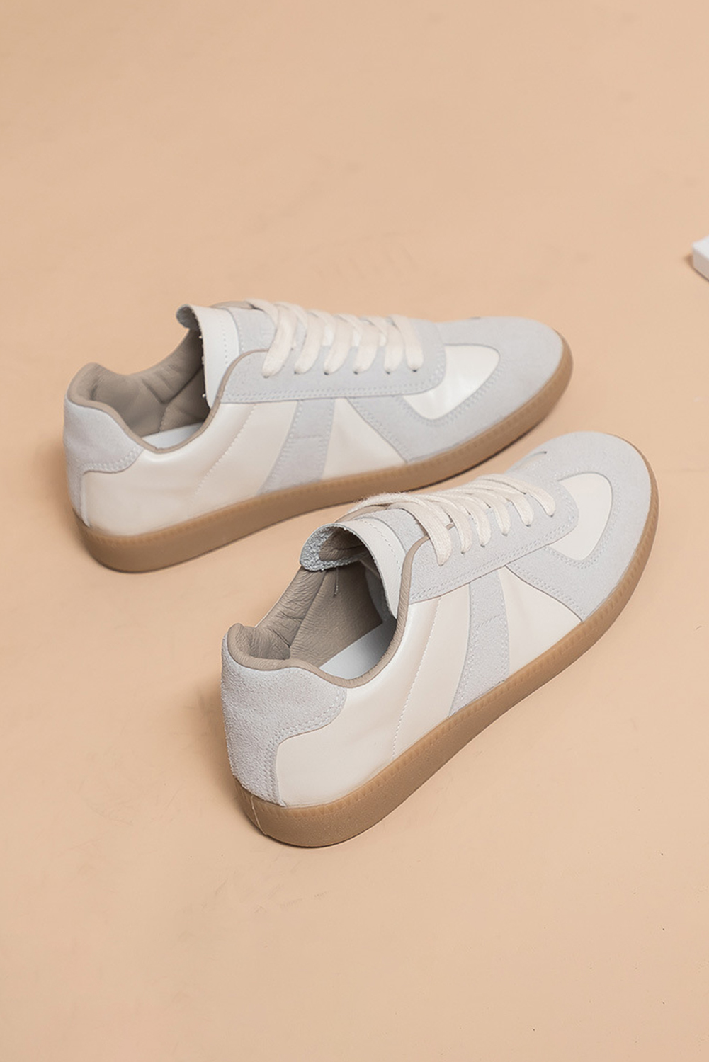 Beige PU Leather Suede Patched Lace-up Flat Shoes