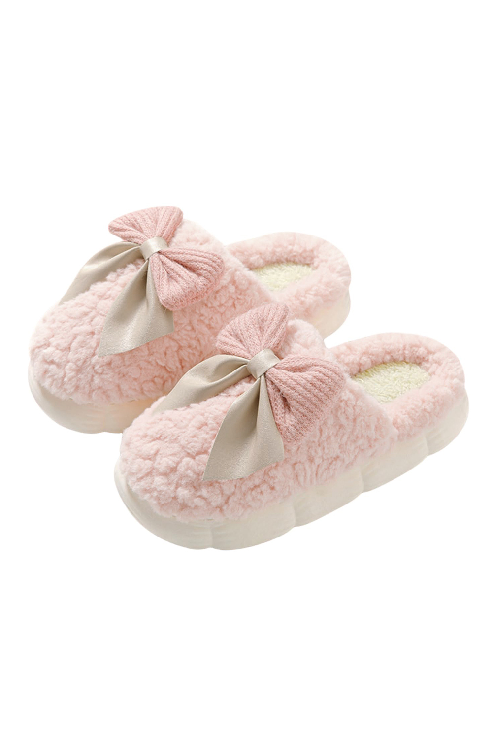 White Contrast Bowknot Applique Plush Winter Slippers (Colors May Differ by Batch)