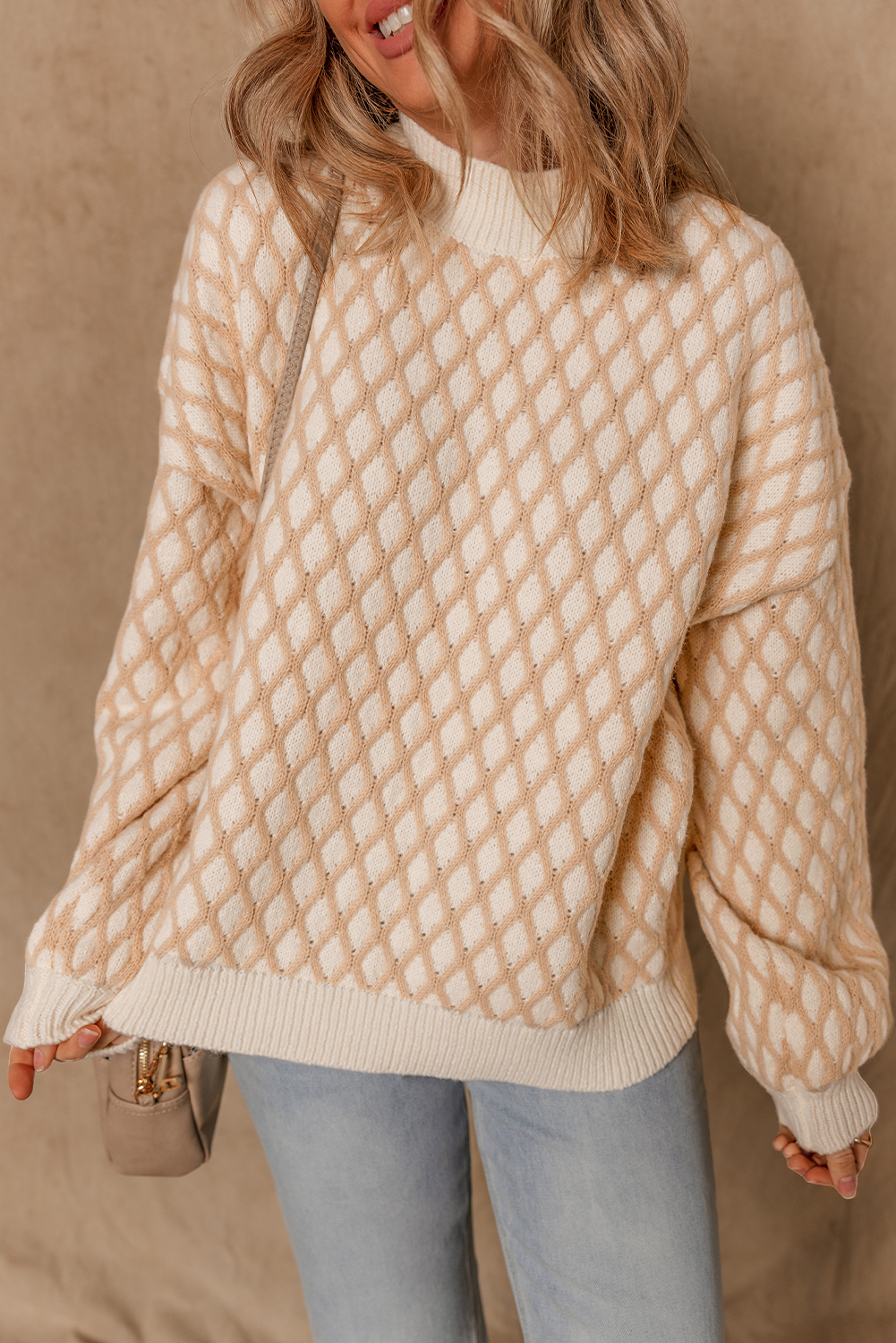 Smoke Gray Rhombus Textured Knit Mock Neck Sweater