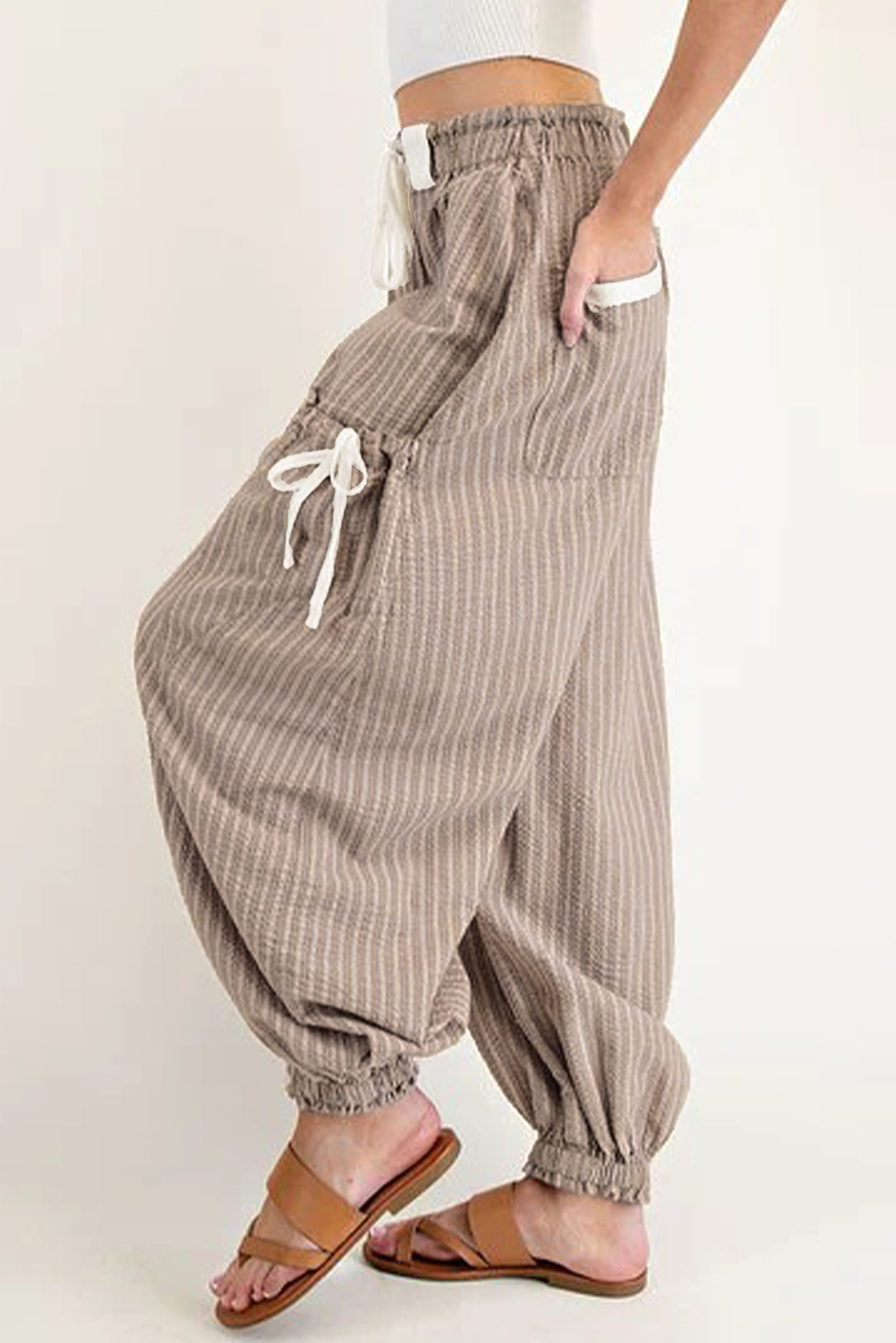 Brown Stripe Drawstring Cargo Jogger Pants with Pockets